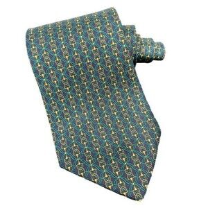 BALENCIAGA 100% Silk Necktie Lux Tie Horse Bit Classic Green Gold Classy Vintage